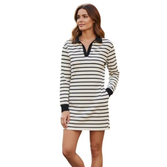 Monrow Striped Long Sleeve Polo Collar Mini Dress NWT - Size XS - Picture 1 of 6